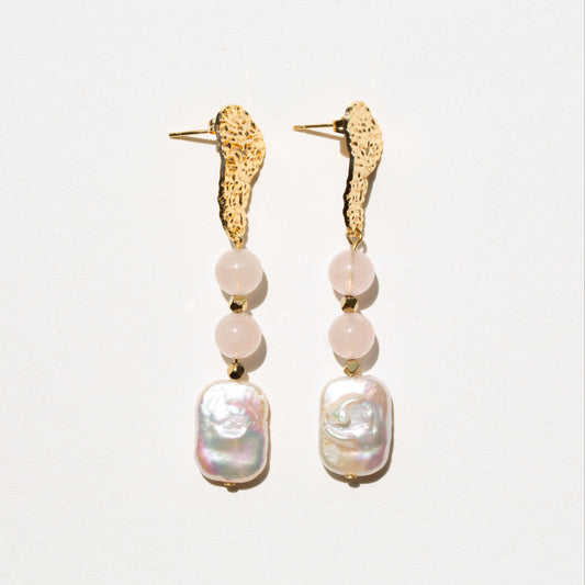Boucles d'oreilles Quartz rose et Perle d'eau douce