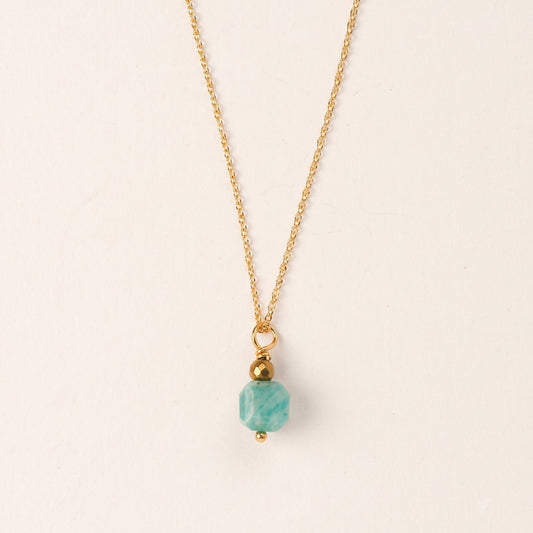 Collier pendentif amazonite facettée & hématite dorée — chaîne plaquée or
