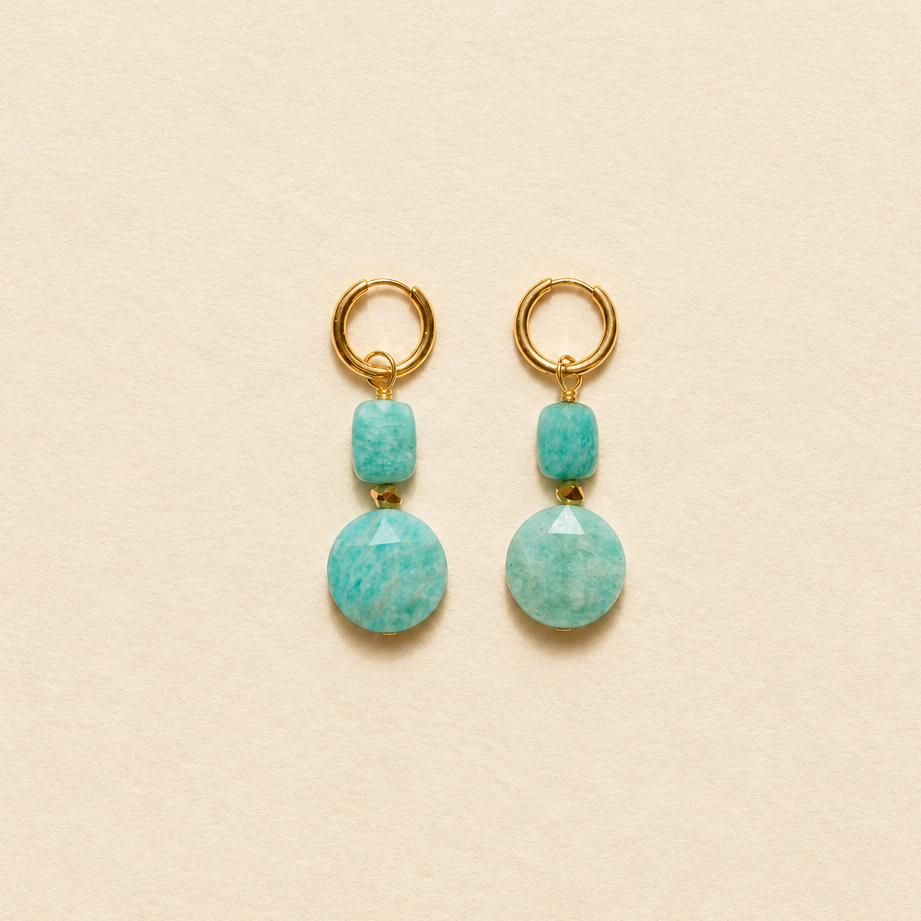 Boucles d'oreilles amazonite double rondes plates — anneaux plaqués or