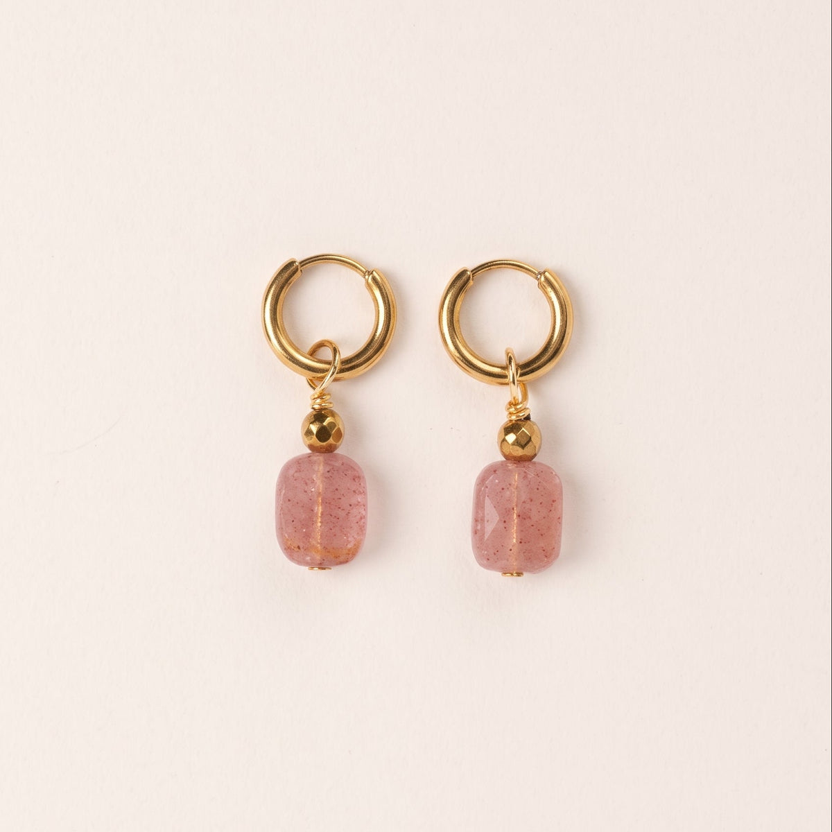 Rectangle strawberry quartz earrings — gold-plated hoops