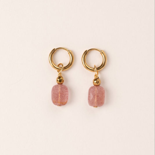 Boucles d'oreilles quartz fraise rectangle — anneaux plaqués or