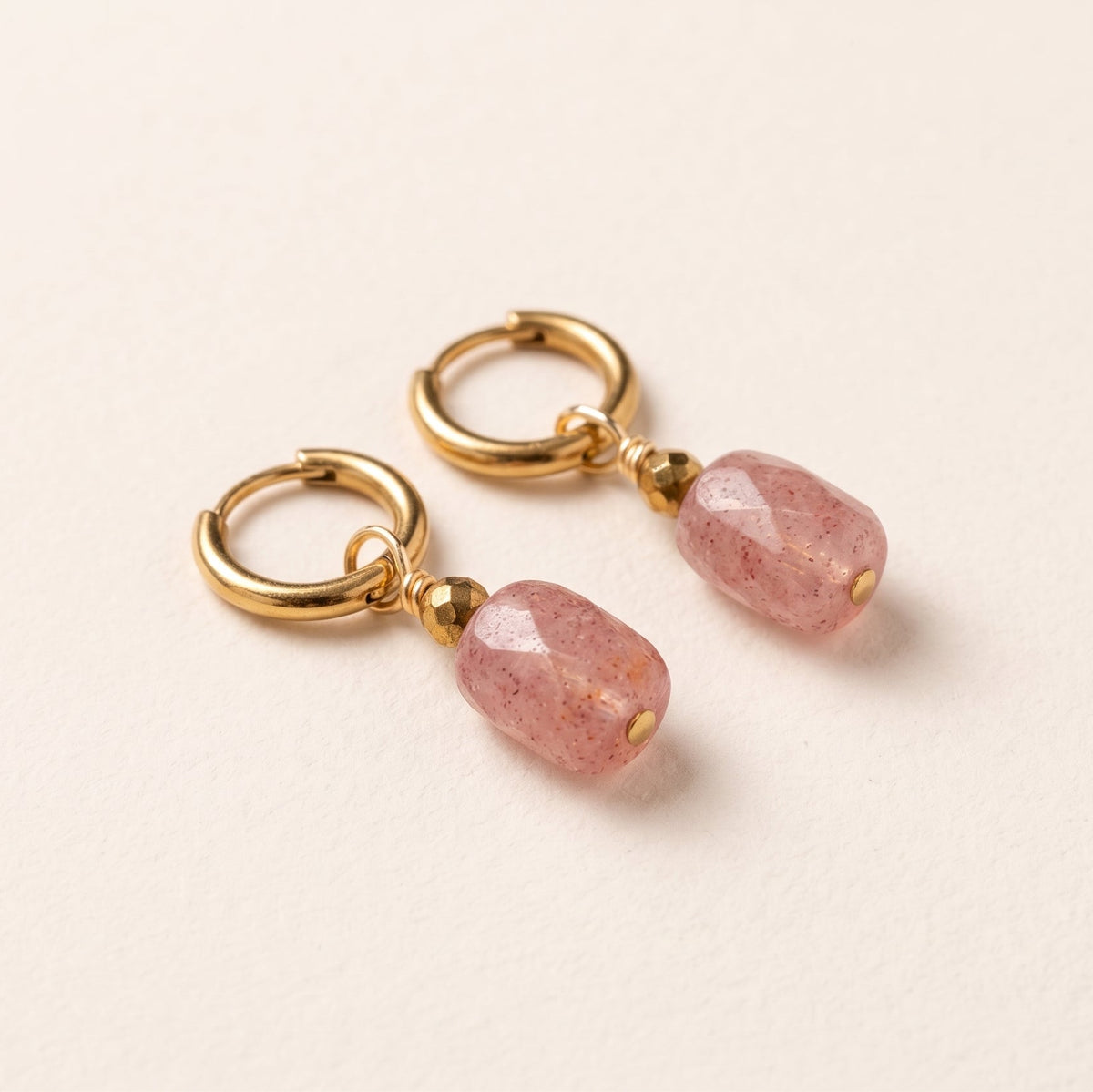Rectangle strawberry quartz earrings — gold-plated hoops
