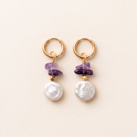 Boucles d'oreilles améthyste & perle d'eau douce — anneaux plaqués or