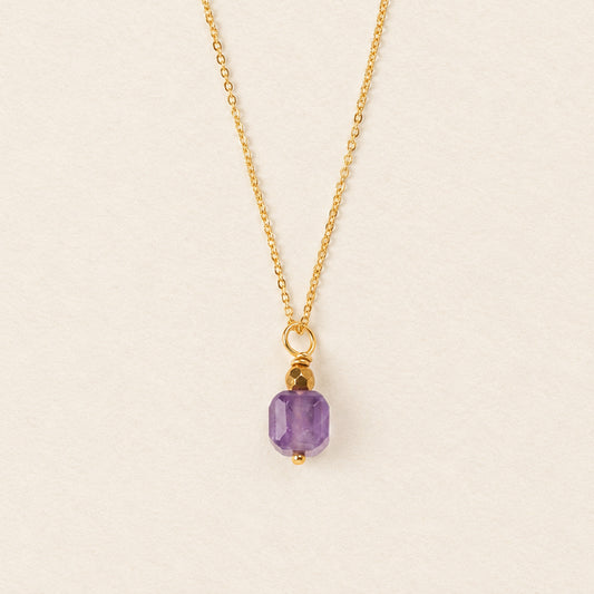 Collier pendentif améthyste facettée & hématite dorée — chaîne plaquée or