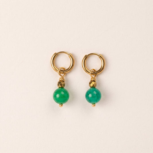 Boucles d'oreilles agate verte ronde — anneaux plaqués or