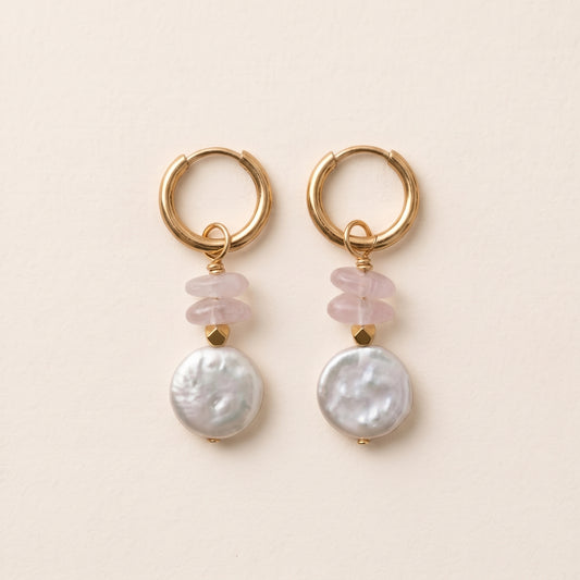 Boucles d'oreilles quartz rose & perle d'eau douce — anneaux plaqués or