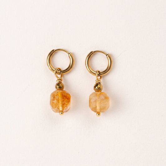 Boucles d'oreilles citrine cube facetté — anneaux plaqués or