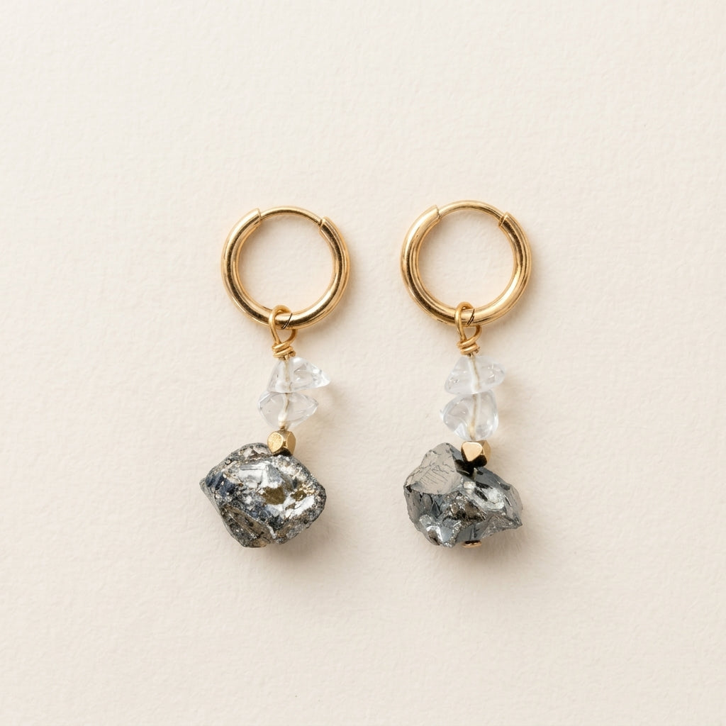 Raw terahertz & rock crystal earrings — gold-plated hoops