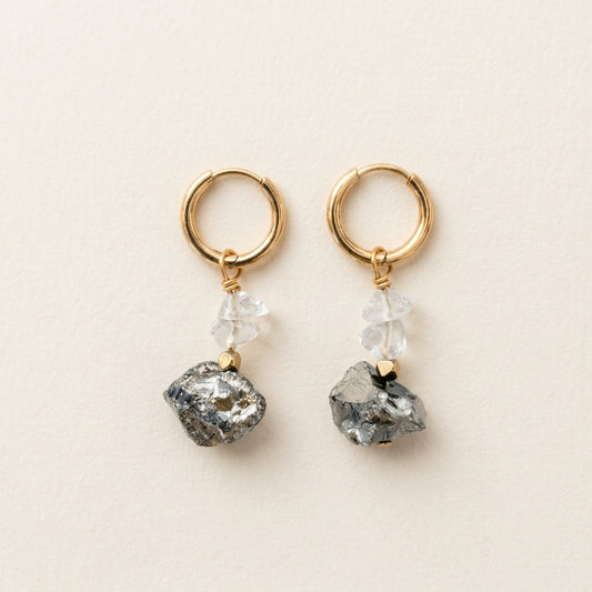 Boucles d'oreilles terahertz brut & hématite dorée — anneaux plaqués or