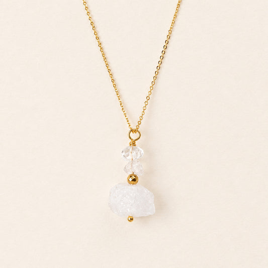 Collier pendentif cristal de roche brut & hématite dorée — chaîne plaquée or