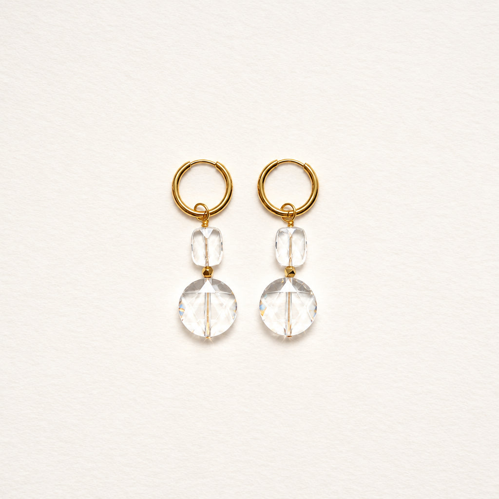Double flat round rock crystal earrings — gold-plated hoops