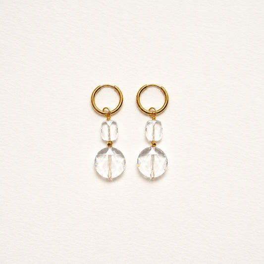 Boucles d'oreilles cristal de roche double rondes plates — anneaux plaqués or