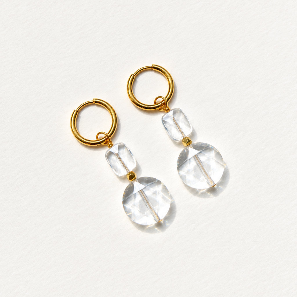 Double flat round rock crystal earrings — gold-plated hoops