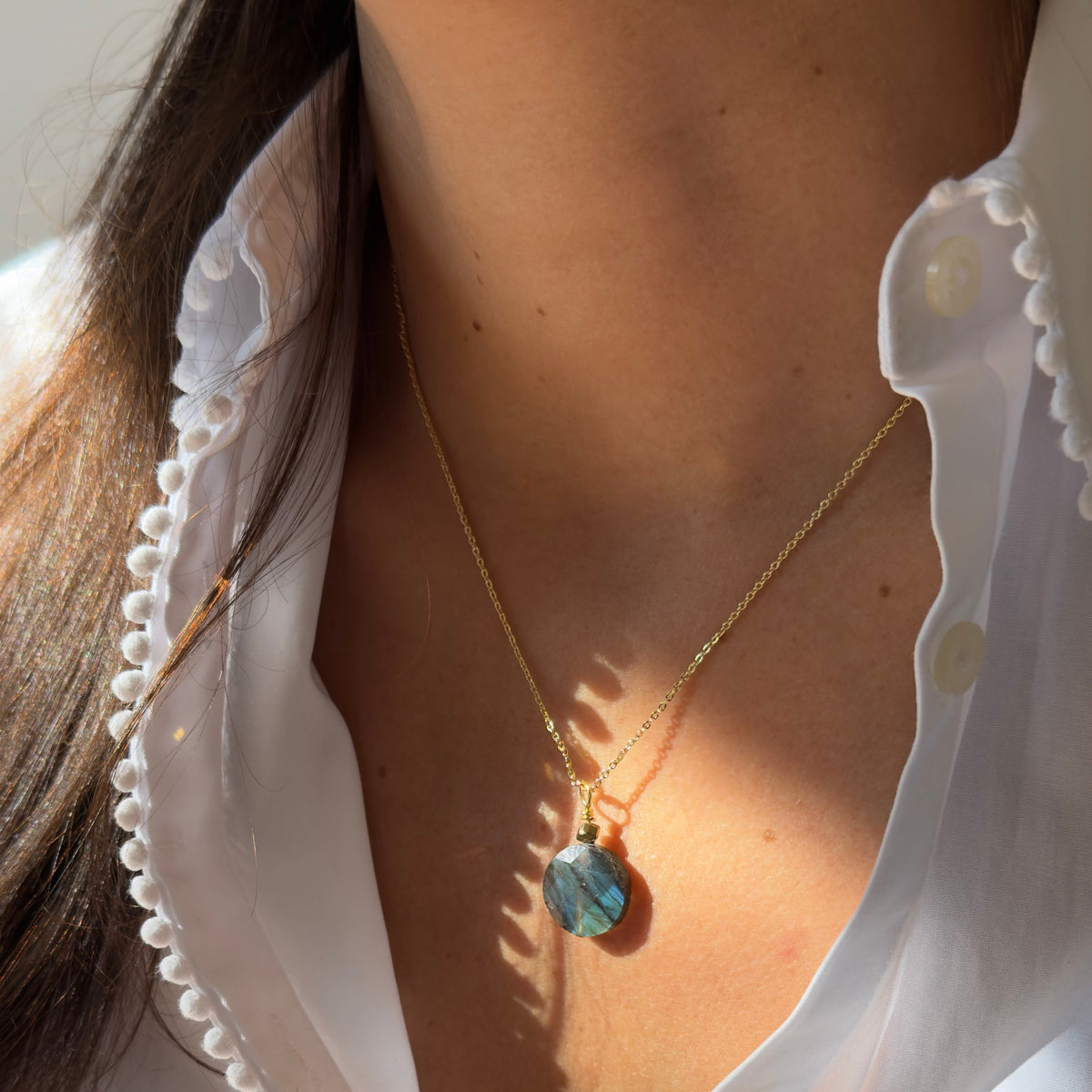Small flat round labradorite and gold hematite pendant necklace — gold-plated chain