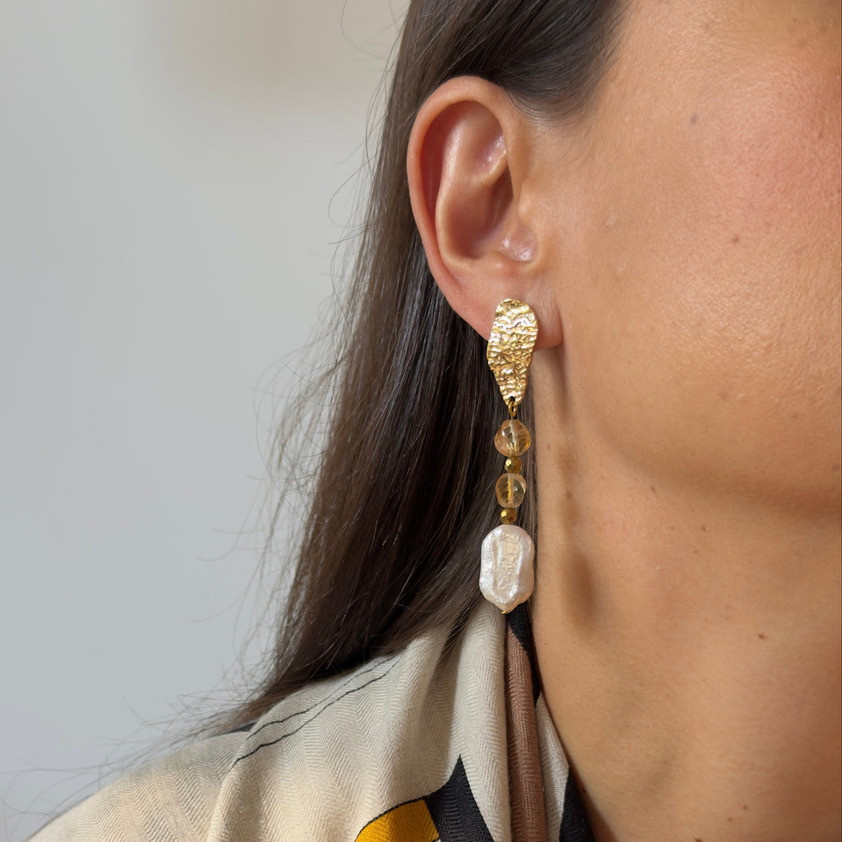 Citrine & freshwater pearl earrings — hammered