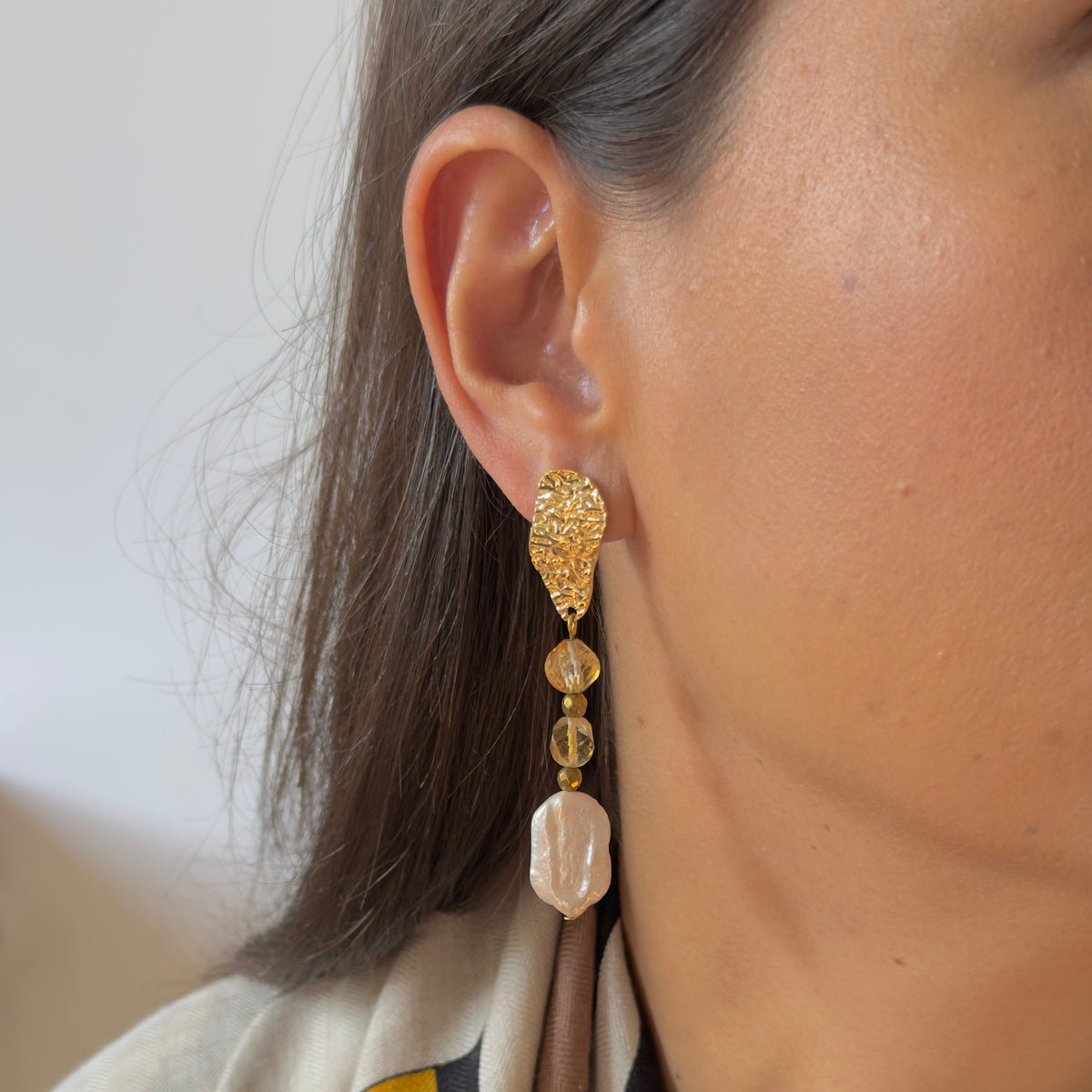 Citrine & freshwater pearl earrings — hammered