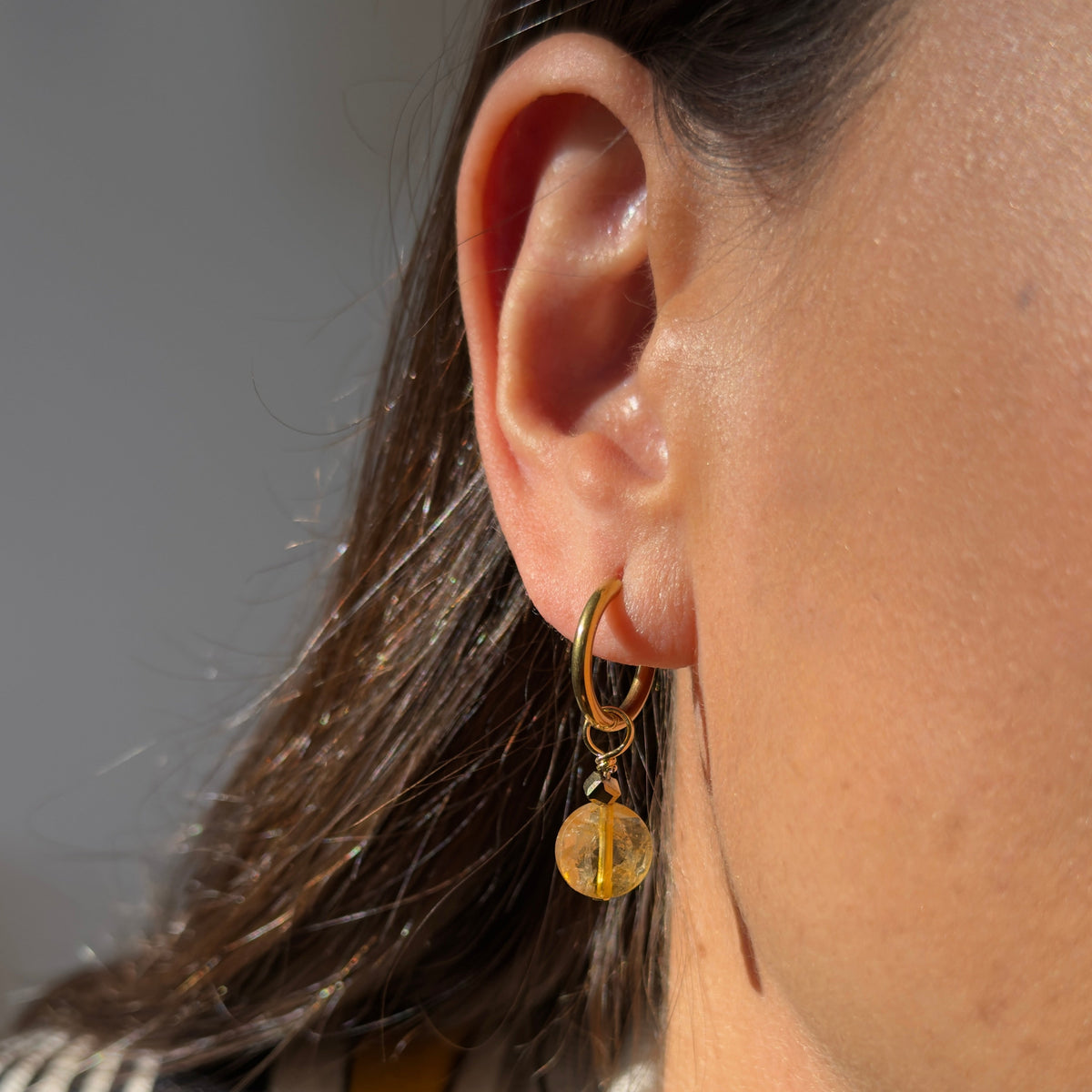 Small flat round citrine earrings — gold-plated hoops