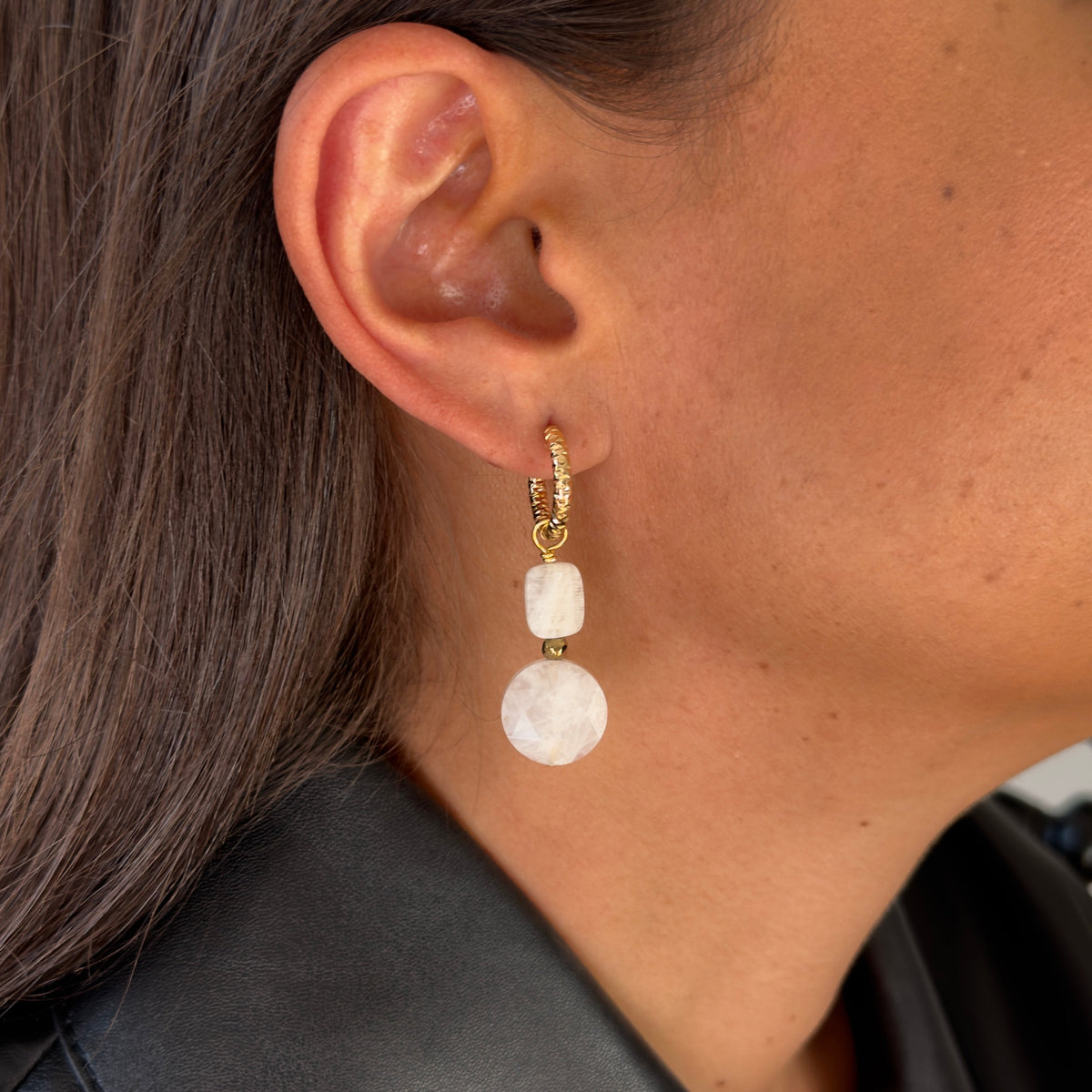 Boucles d'oreilles pierre de lune double ronde plate & rectangle — anneaux ciselés