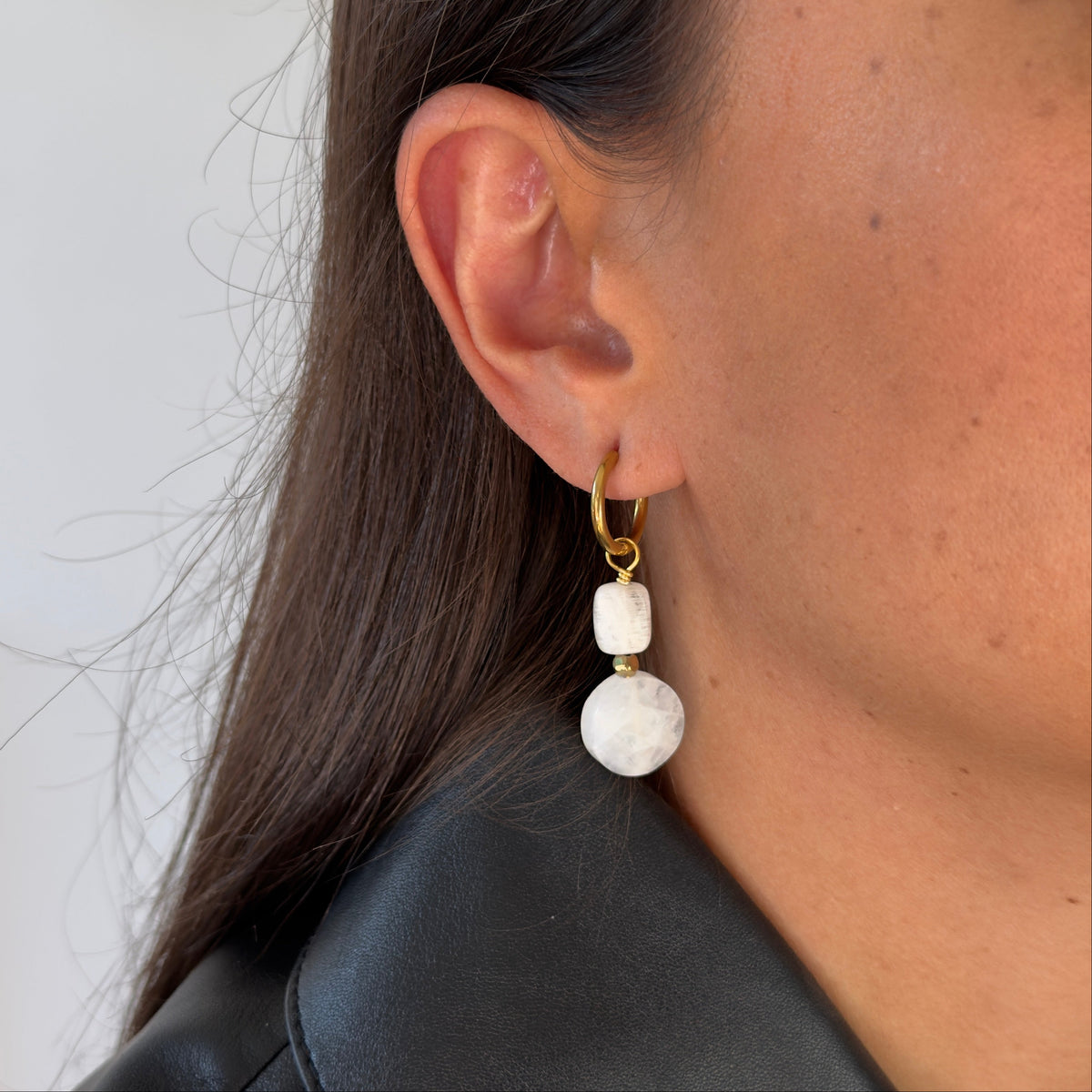 Flat round & rectangle moonstone double earrings — gold-plated hoops