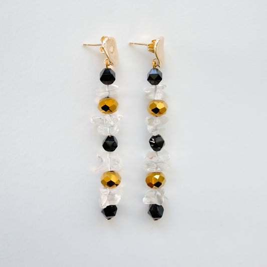 Boucles d'oreilles Pierre Onyx, Cristal de roche et Cristal de bohème dorée