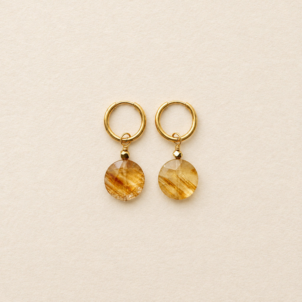 Boucles d'oreilles citrine grande ronde plate — anneaux plaqués or