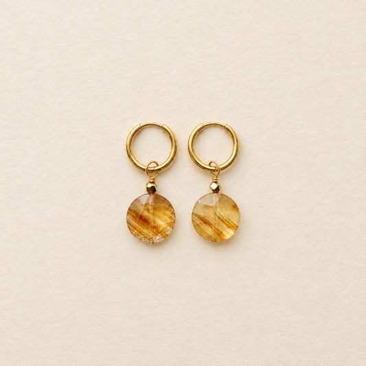 Boucles d'oreilles citrine grande ronde plate — anneaux plaqués or