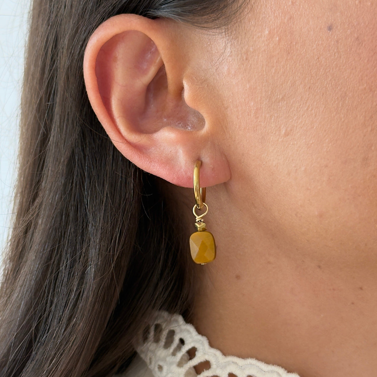 Boucles d'oreilles œil de tigre rectangle — anneaux plaqués or