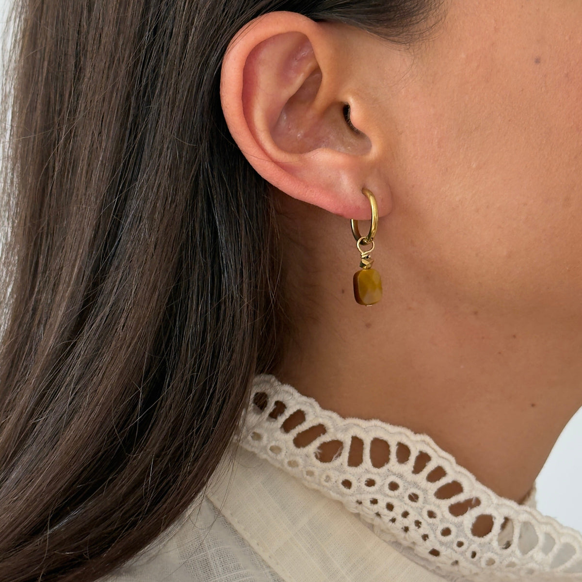 Boucles d'oreilles œil de tigre rectangle — anneaux plaqués or