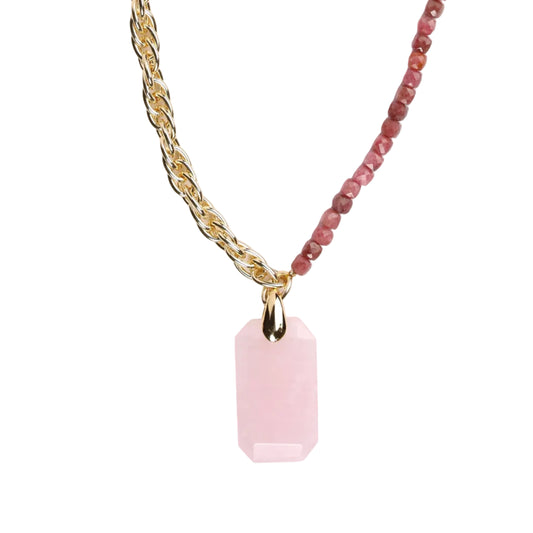Collier en rhodonite & pendentifs en quartz rose ciselé – Chaîne plaquée or fin