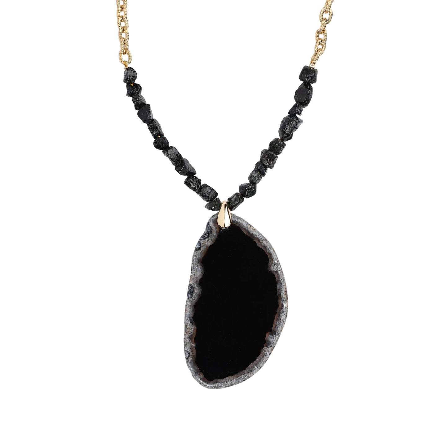 Collier tourmaline & agate noire – Chaîne plaquée or fin