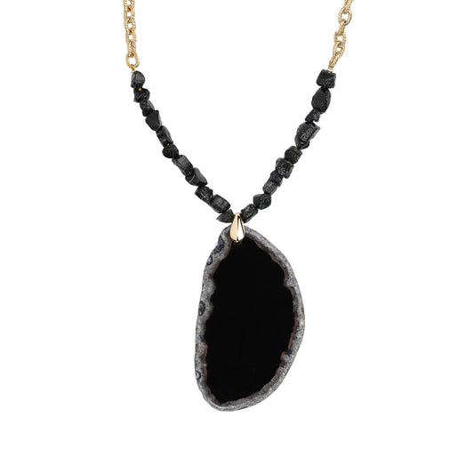 Collier tourmaline & agate noire – Chaîne plaquée or fin
