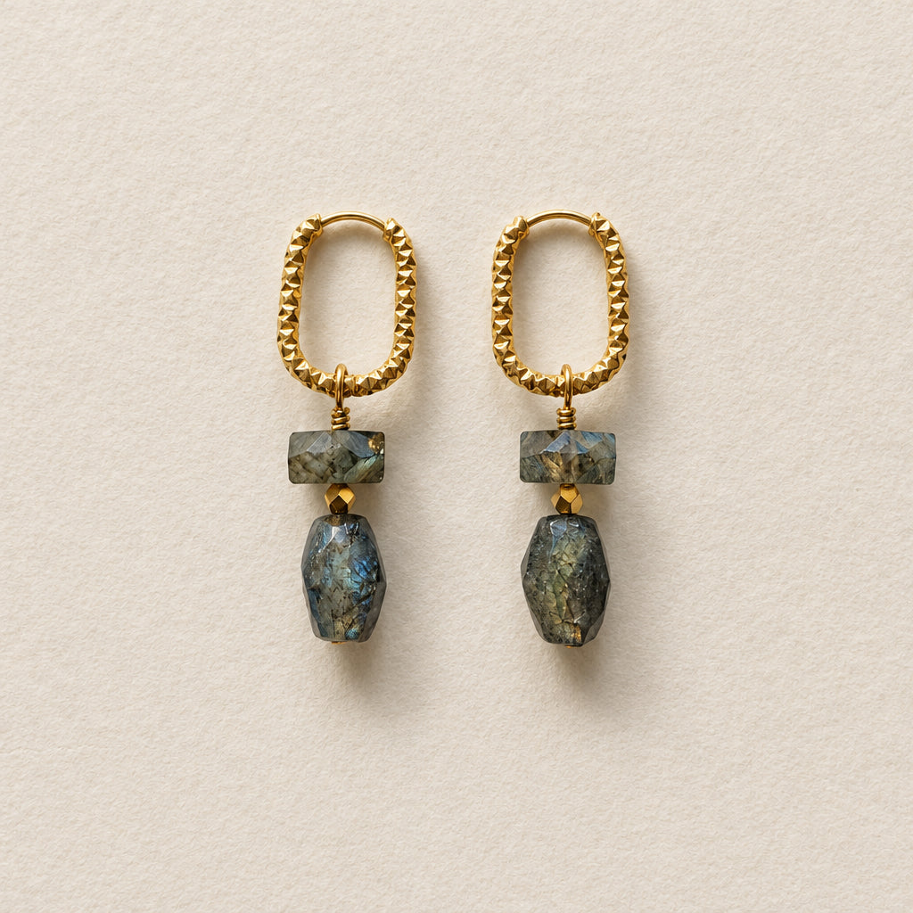 Boucles d'oreilles labradorite rectangle & nugget — anneaux ciselés ovales