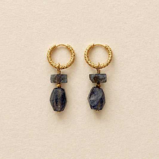 Boucles d'oreilles labradorite rectangle & nugget — anneaux ciselés ronds