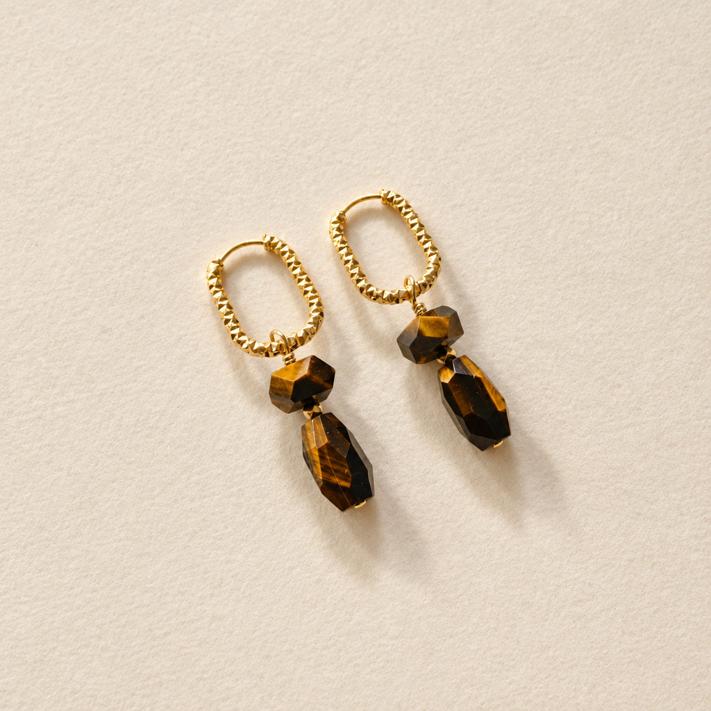 Pendientes de ojo de tigre rectángulo y nugget — aros cincelados ovalados