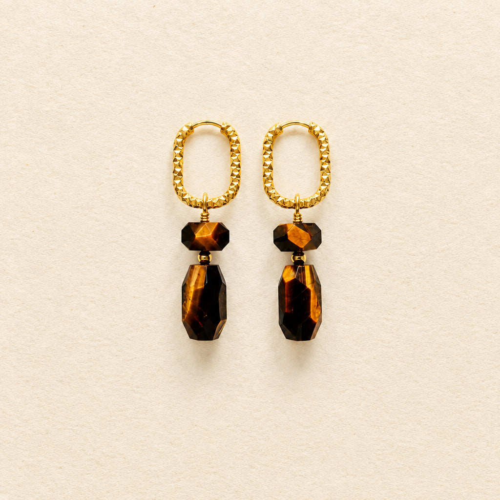 Pendientes de ojo de tigre rectángulo y nugget — aros cincelados ovalados
