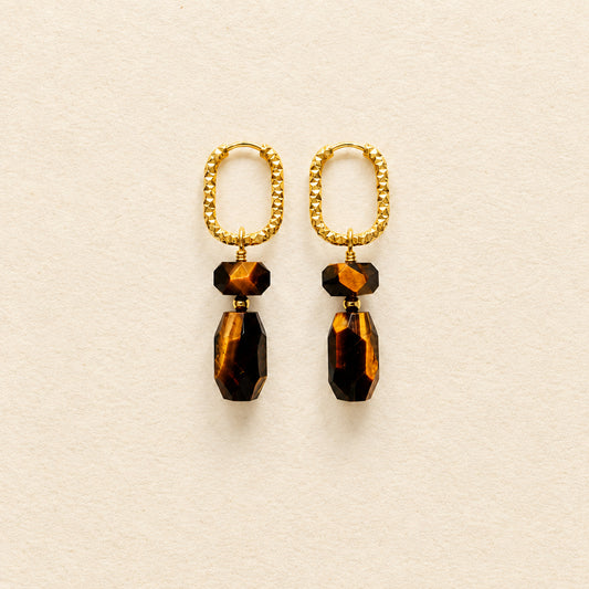 Boucles d'oreilles œil de tigre rectangle & nugget — anneaux ciselés ovales