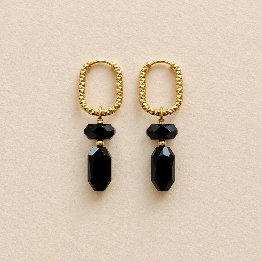 Boucles d'oreilles onyx rectangle & nugget — anneaux ciselés ovales