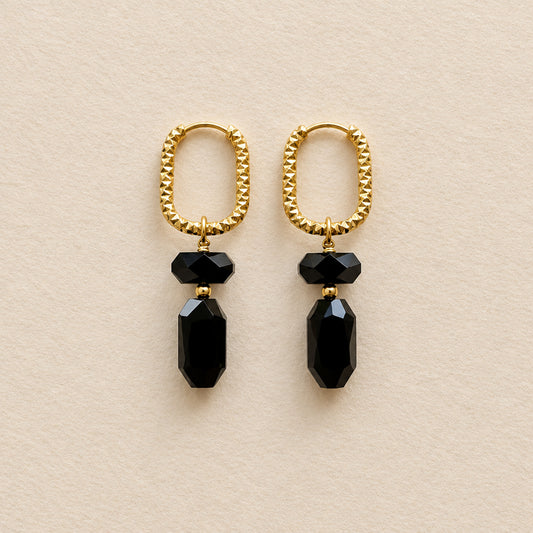 Boucles d'oreilles onyx rectangle & nugget — anneaux ciselés ovales
