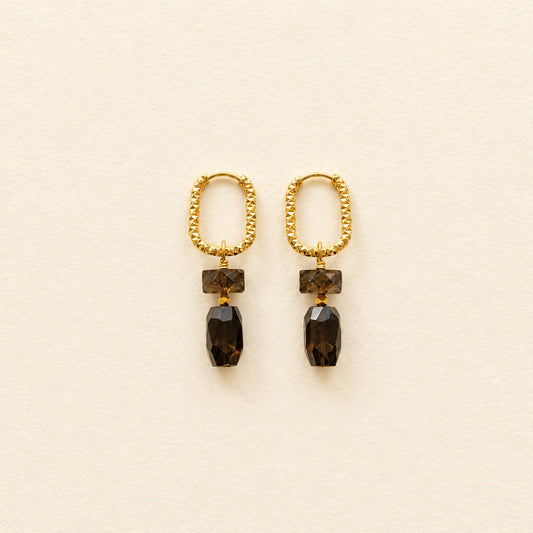 Boucles d'oreilles quartz fumé rectangle & nugget — anneaux ciselés ovales