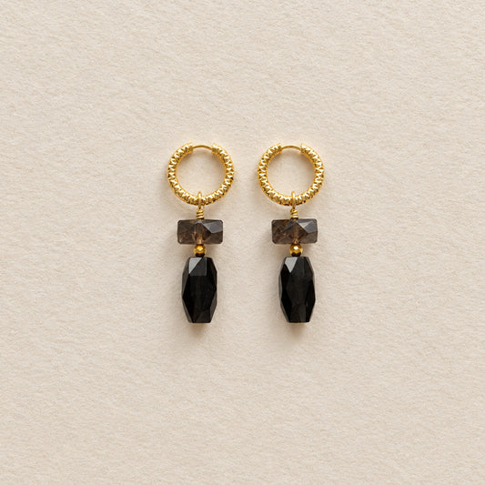Boucles d'oreilles quartz fumé rectangle & nugget — anneaux ciselés ronds
