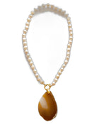 Collier Perles d'eau douce blanche et Agate ambre