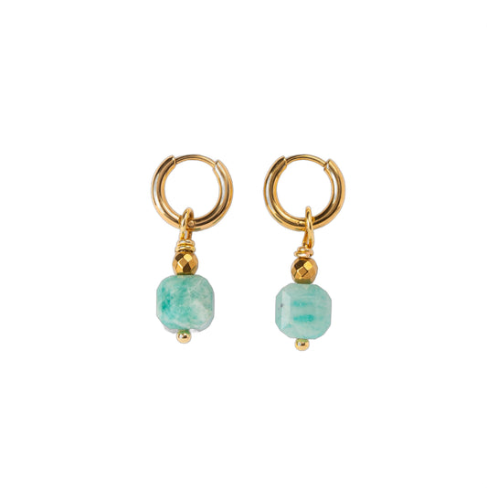 Boucles d'oreilles Anneau plaqué or - Amazonite cube ciselée