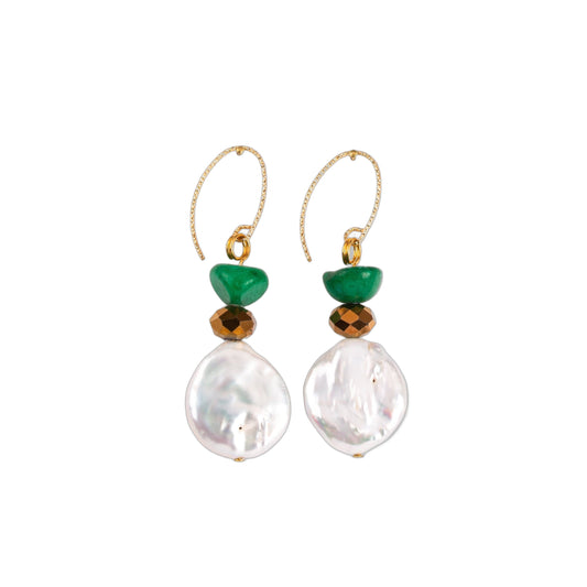 Boucles d'oreilles Perle d'eau douce ronde irrégulière, Cristal de bohème, Pierre verte