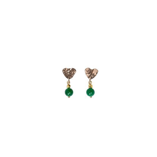 Boucles d'oreilles attache martélée en forme de coeur - Pierre d'Agate verte