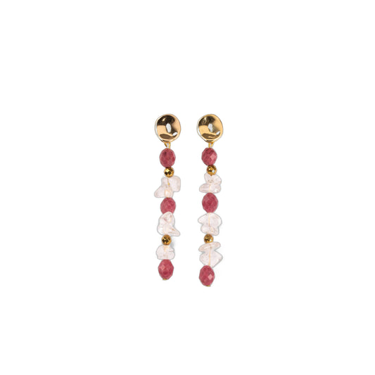 BOUCLES D'OREILLES PENDANTES - RHODONITE & CRISTAL DE ROCHE