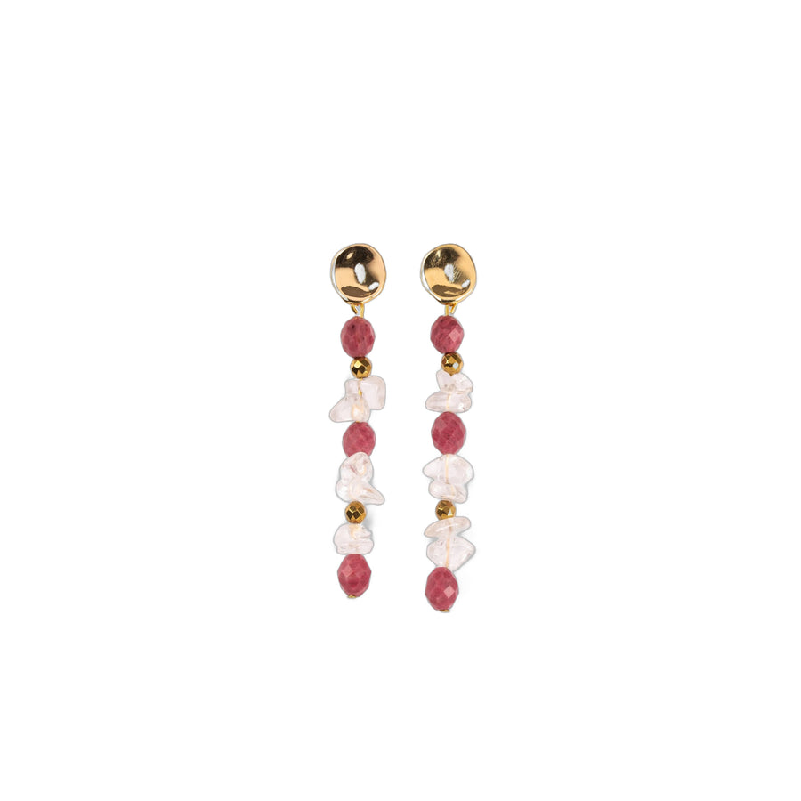 BOUCLES D'OREILLES PENDANTES - RHODONITE & CRISTAL DE ROCHE