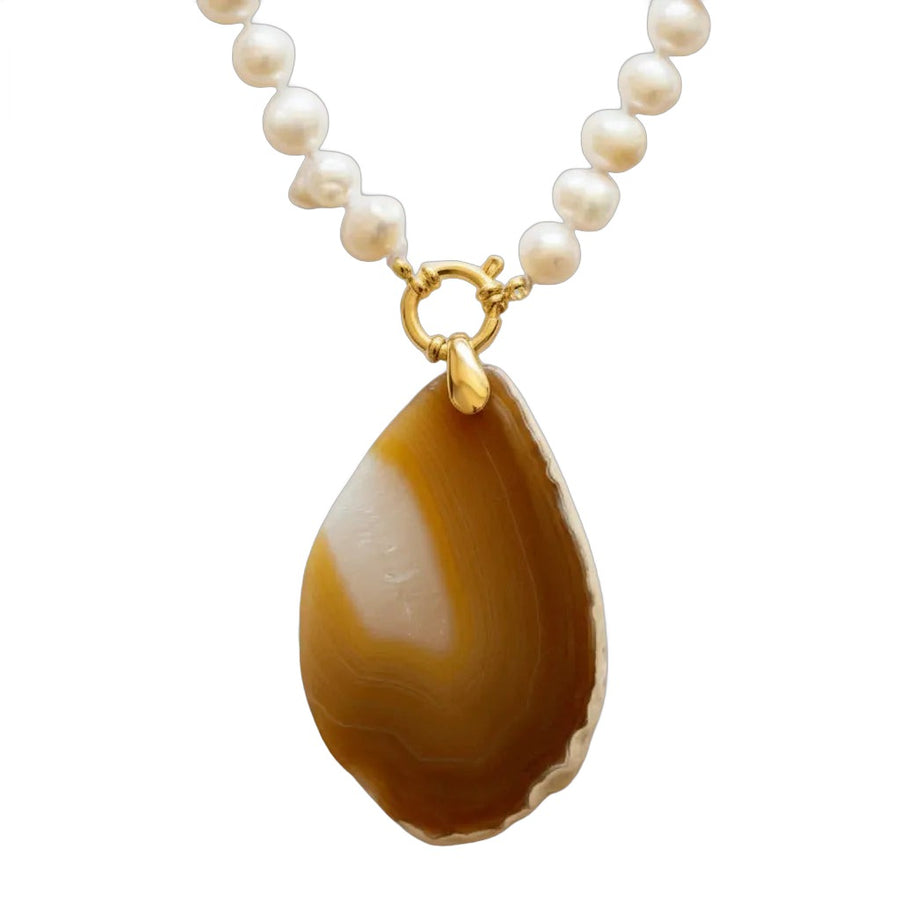 Collier Perles d'eau douce blanche et Agate ambre