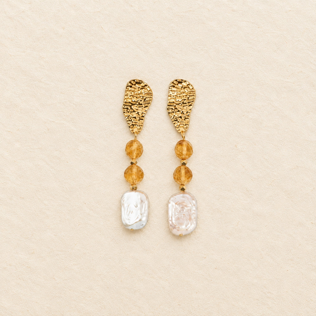 Citrine & freshwater pearl earrings — hammered