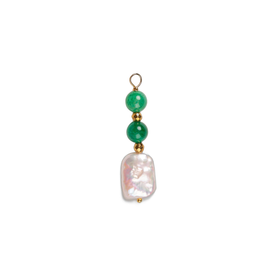 Oval cultured pearl & two round stone charms - Green agate