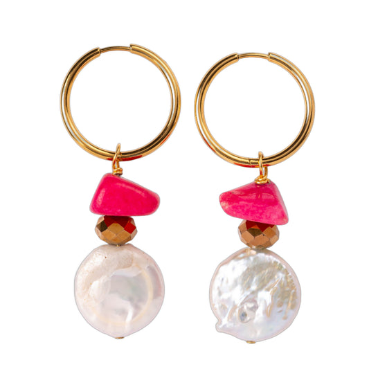 Boucles d'oreilles Perle d'eau douce ronde irrégulière, Perle de cristal de bohème et Pierre rose